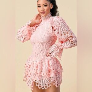 The Sang Crochet Lace With Bell Sleeve Mini Dress Pink Size M Bridgerton Style